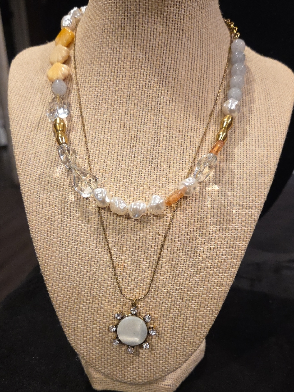 Layered FauxPearl & Acrylic Beaded Necklace with Sunburst Pendant - White/Gold